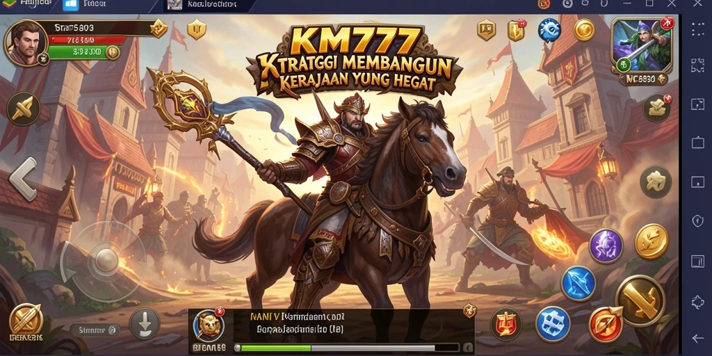 Tampilan gameplay KM777 dengan pertempuran seru dan pembangunan kerajaan.