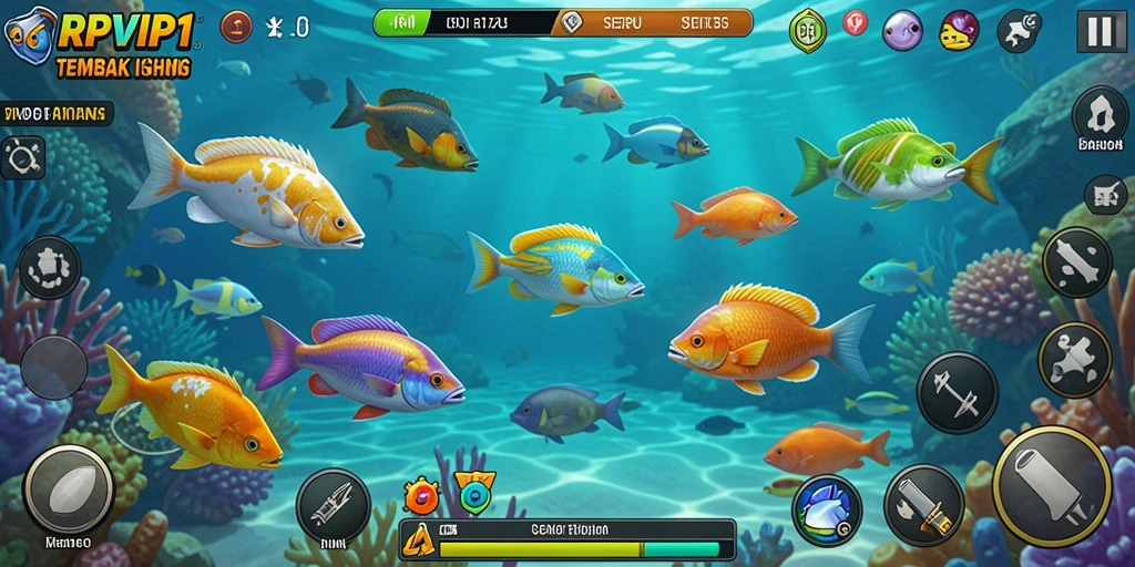 Screenshot RPVIP1 menampilkan aksi menembak ikan yang mendebarkan.